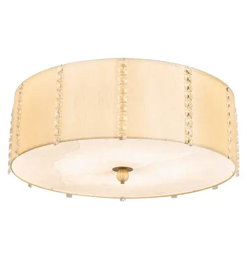 A unique architecturally designed ceiling fixture. Cilindro Lujoso features a Natural Wafer Silk shade with a Statuario Idalight top diffuser and a Yuma Idalight bottom diffuser. The finial is featured in Brass and Gold powder coat finishes. Handmade by highly skilled artisans in our 180,000 square foot manufacturing facility in Yorkville, New York. Custom sizes, styles, and colors are available. UL and cUL listed for dry and damp locations however we do not recommend installing it in spaces that experience a large amount of moisture due to the fabric shade. Collection: Cilindro Finish: Brass/White/Gold Glass: Wafer Silk/Yuma Idalight Width: 32.00" Height: 13.25" Length: 32.00" Weight: 18.00 lb Number of Bulbs: 8 Maximum Wattage: 6.00 W Bulb Type: B11 Bulb Base: E12 Light Source: LED Material: Steel Country of Origin: USA Safety Listing: Dry Safety Rating: Dry LED - alternate view