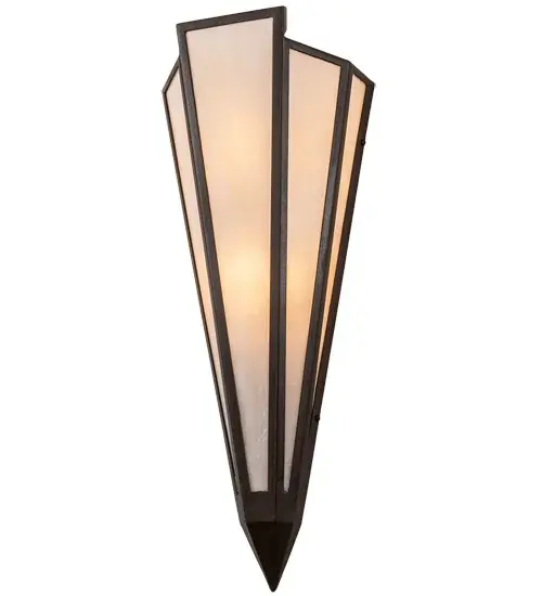 Fleshtone Idalight is transformed into a cool abstract lighting design similar to the famed deco designs showcased in Classic Hollywood theaters. This extraordinary V-shaped sconce is complemented with decorative accents and hardware featured in an Oil Rubbed Bronze finish. The fixture is ideal for foyers, corridors and other interiors in homes, home theaters, resorts, hotels and restaurants. Handcrafted by highly skilled artisans in our 180,000 square foot manufacturing facility in Yorkville, New York. Custom colors, styles and sizes are available. Dimmable energy efficient lamping options offered. UL and cUL listed for damp and dry locations. Collection: Brum Finish: Oil Rubbed Bronze Glass: Fleshtone Idalight Width: 8.50" Height: 22.00" Length: 5.00" Weight: 4.00 lb Extension from Wall: 5.00" Number of Bulbs: 2 Maximum Wattage: 60.00 W Bulb Type: B10 Bulb Base: E12 Material: Steel Country of Origin: USA Safety Listing: Damp Safety Rating: Damp - alternate view