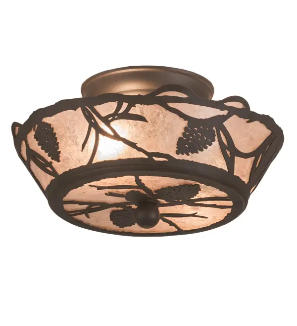 Listen closely. You can almost hear the soft whisper of the pine branches as they dance in the wind. Enjoy the warm ambiance of soft beautiful light diffused through a Silver Mica shade featuring stunning Pinecone and Pine Branch designs. This nature inspired ceiling fixture is enhanced with an Oil Rubbed Bronze finish. Handcrafted by highly skilled artisans in our 180,000 square manufacturing facility in Yorkville, New York. Shade colors, metal finishes and sizes can be customized. UL and cUL listed for dry and damp locations. Collection: Whispering Pines Finish: Oil Rubbed Bronze Glass: Silver Mica Width: 10.50" Height: 5.50" Length: 10.50" Weight: 2.00 lb Number of Bulbs: 2 Maximum Wattage: 60.00 W Bulb Type: B10 Bulb Base: E12 Material: Steel Country of Origin: USA Safety Listing: Damp Safety Rating: Damp
