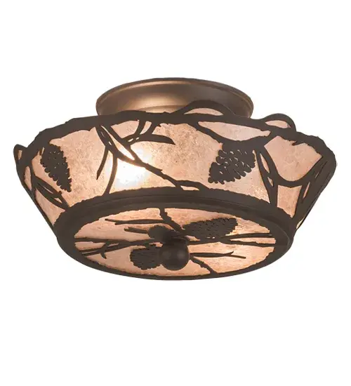 Listen closely. You can almost hear the soft whisper of the pine branches as they dance in the wind. Enjoy the warm ambiance of soft beautiful light diffused through a Silver Mica shade featuring stunning Pinecone and Pine Branch designs. This nature inspired ceiling fixture is enhanced with an Oil Rubbed Bronze finish. Handcrafted by highly skilled artisans in our 180,000 square manufacturing facility in Yorkville, New York. Shade colors, metal finishes and sizes can be customized. UL and cUL listed for dry and damp locations. Collection: Whispering Pines Finish: Oil Rubbed Bronze Glass: Silver Mica Width: 10.50" Height: 5.50" Length: 10.50" Weight: 2.00 lb Number of Bulbs: 2 Maximum Wattage: 60.00 W Bulb Type: B10 Bulb Base: E12 Material: Steel Country of Origin: USA Safety Listing: Damp Safety Rating: Damp - alternate view