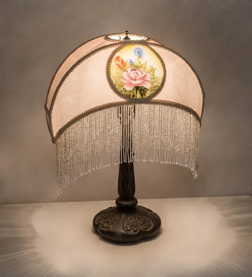 21" High Reverse Painted Roses Fabric with Fringe Table Lamp