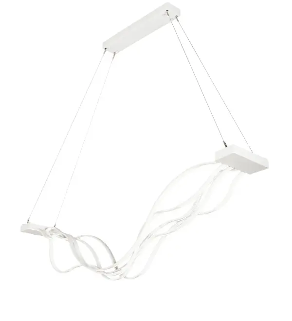 Grace and beauty are defined. The Wave Pendant has a minimal, modern feel that integrates form and function. A set of slender cables suspends this White Mult-Silicone lighting design from a rectangular canopy for an airy, clean look. Artfully draped and adjustable, these silicone diffusers emit a soft, omnidirectional layer of energy-efficient illumination that offers both a bright touch and a playful, curved structure to spaces. The LED component features a CRI of 90+, 3000K warm white color temperature, and delivers a robust 13,700 lumens. This handsome fixture is perfect over islands, counters, and reception areas where you want to make a design statement, whether in an office or home from Arlington, Virginia, and Omaha, Nebraska, to Sacramento, California. The overall height ranges from 72 TO 145 inches, as the cable length can be easily adjusted in the field to accommodate your specific lighting application needs. The Wave Pendant is included in our American-made, American-designed, handcrafted Modern Lighting Collection and manufactured in Yorkville, New York. UL & cUL listed for dry and damp locations. Collection: Wave Finish: White Glass: White Width: 11.00" Height: 72.00" Length: 84.00" Weight: 40.00 lb Number of Bulbs: 1 Maximum Wattage: 150.00 W Bulb Type: LED Bulb Base: INTEGRAL Light Source: LED Color Temperature: 3000 K Material: Steel Country of Origin: USA Safety Listing: Damp Safety Rating: Damp LED