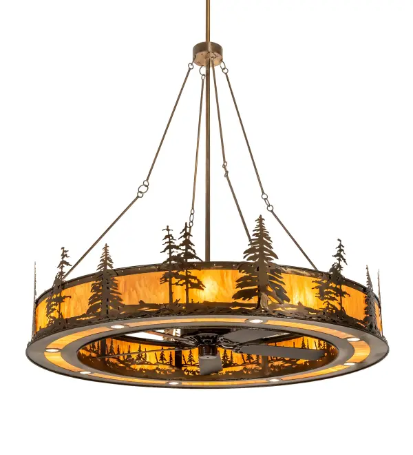 This massive; fan-integrated custom lighting fixture features Pine Tree and woodland metal silhouettes in an Antique Copper finish. An Ambra Siena Idalight diffuser illuminates while gentle breezes are created by a fan spinning quietly in the center. Each layer of light is an individual circuit giving the ability to fine-tune the lighting atmosphere of the space for a perfect ambiance. Eight inner lights bring out the beauty of the Idalight; eight uplights provide ambient illumination; and eight downlights deliver functional lighting on surfaces below. The Tall Pines design is inspired by the Coconino National Forest in Arizona; the Deschutes National Forest in Oregon; to the Ancient Bristlecone Pine Forest of California. This Chandel-air is ideal for use in a dining room; living space; kitchen; and other rooms in residential; hospitality; and commercial settings. In summer; the fan pushes down a windchill that circulates to keep the area cool and comfortable. In winter; the fan is reversed to pull the room air towards the ceiling; forcing the warm air back down & circulate to create warmth. The Tall Pines Chandel-Air is included in our American-made; American-designed; handcrafted; award-winning Chandel-Air Collection and manufactured in Yorkville; NY. UL & cUL listed for dry and damp locations.
