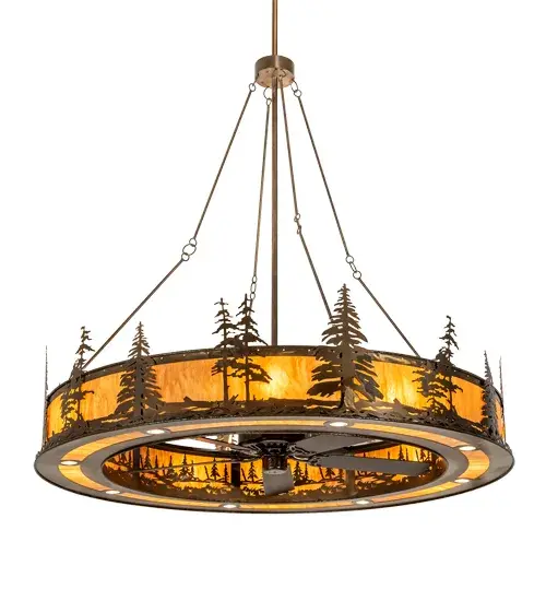 This massive; fan-integrated custom lighting fixture features Pine Tree and woodland metal silhouettes in an Antique Copper finish. An Ambra Siena Idalight diffuser illuminates while gentle breezes are created by a fan spinning quietly in the center. Each layer of light is an individual circuit giving the ability to fine-tune the lighting atmosphere of the space for a perfect ambiance. Eight inner lights bring out the beauty of the Idalight; eight uplights provide ambient illumination; and eight downlights deliver functional lighting on surfaces below. The Tall Pines design is inspired by the Coconino National Forest in Arizona; the Deschutes National Forest in Oregon; to the Ancient Bristlecone Pine Forest of California. This Chandel-air is ideal for use in a dining room; living space; kitchen; and other rooms in residential; hospitality; and commercial settings. In summer; the fan pushes down a windchill that circulates to keep the area cool and comfortable. In winter; the fan is reversed to pull the room air towards the ceiling; forcing the warm air back down & circulate to create warmth. The Tall Pines Chandel-Air is included in our American-made; American-designed; handcrafted; award-winning Chandel-Air Collection and manufactured in Yorkville; NY. UL & cUL listed for dry and damp locations. - alternate view