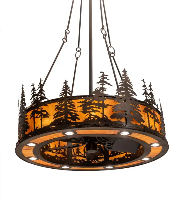 This rustic fan-integrated custom lighting fixture features Pine Tree metal silhouettes in an Antique Copper finish. An Ambra Siena Idalight diffuser illuminates while gentle breezes are created by a fan spinning quietly in the center. 16 lamps evoke the beauty of Mica & 8 downlights deliver downlighting on surfaces below. In summer, the fan pushes down a windchill that circulates to keep the space cool & comfortable. In winter, the fan is reversed to pull the room air towards the ceiling, force the warm air back down & circulate to create warmth. The Tall Pines Chandel-Air is included in our American-made, American-designed, handcrafted Chandel-Air Collection and manufactured in Yorkville, NY. UL and cUL listed for dry and damp locations. Collection: Tall Pines Finish: Antique Copper Glass: Ambra Siena Idalight Width: 45.00" Height: 72.00" Length: 45.00" Weight: 140.00 lb Number of Bulbs: 8 Maximum Wattage: 60.00 W Bulb Type: A19 Bulb Base: E26 Material: Steel Country of Origin: USA Safety Rating: Damp