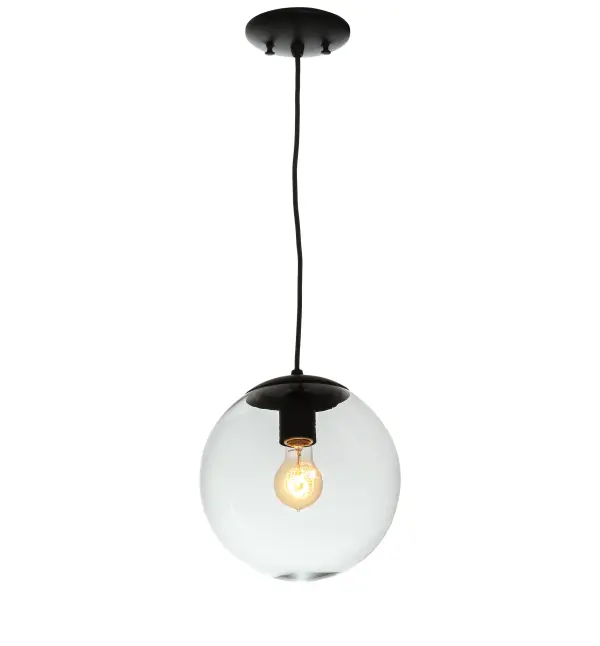 Designed with a round profile, this attractive ceiling fixture defines a distinctive industrial aesthetic. The Clear Glass Orb-style lens reveals an Edison-styled bulb that provides ambient illumination. The fixture is complemented with hardware featured in a Flat Black finish. The overall height of the pendant ranges from 13 to 72 inches, as the cord can be easily adjusted in the field to meet your lighting requirements. The ceiling pendant is ideal for installing above bars, counters, and dining tables in residential and hospitality locations from Cleveland, Ohio, to Aurora, Colorado, to Sioux Falls, South Dakota. The Bola Pendant is included in our American-made, American-designed, handcrafted Modern Collection and manufactured in Yorkville, New York. UL and cUL listed for dry and damp locations. Collection: Bola Finish: Solar Black Glass: Clear Glass Width: 10.00" Height: 13.00" Length: 10.00" Weight: 2.50 lb Number of Bulbs: 1 Maximum Wattage: 60.00 W Bulb Type: A19 Bulb Base: E26 Material: Steel Country of Origin: USA Safety Listing: Damp Safety Rating: Damp