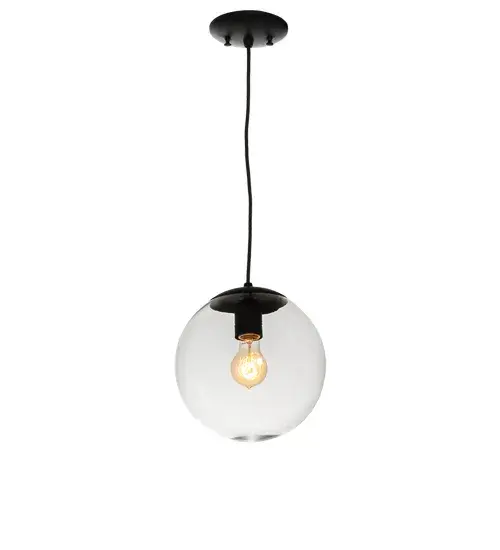 Designed with a round profile, this attractive ceiling fixture defines a distinctive industrial aesthetic. The Clear Glass Orb-style lens reveals an Edison-styled bulb that provides ambient illumination. The fixture is complemented with hardware featured in a Flat Black finish. The overall height of the pendant ranges from 13 to 72 inches, as the cord can be easily adjusted in the field to meet your lighting requirements. The ceiling pendant is ideal for installing above bars, counters, and dining tables in residential and hospitality locations from Cleveland, Ohio, to Aurora, Colorado, to Sioux Falls, South Dakota. The Bola Pendant is included in our American-made, American-designed, handcrafted Modern Collection and manufactured in Yorkville, New York. UL and cUL listed for dry and damp locations. Collection: Bola Finish: Solar Black Glass: Clear Glass Width: 10.00" Height: 13.00" Length: 10.00" Weight: 2.50 lb Number of Bulbs: 1 Maximum Wattage: 60.00 W Bulb Type: A19 Bulb Base: E26 Material: Steel Country of Origin: USA Safety Listing: Damp Safety Rating: Damp - alternate view