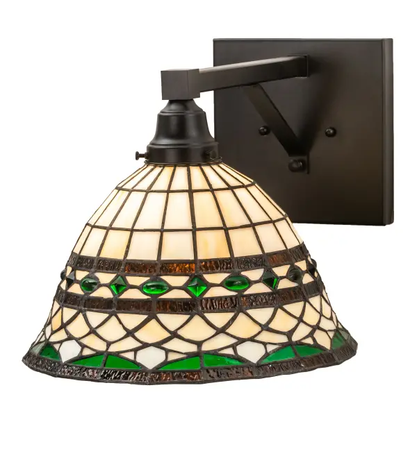 Emerald-colored jewels and multi-colored granite glass accent this handsome Amber Beige scalloped art glass reproduction of a famous Louis Comfort Tiffany design. This Tiffany Roman shade is inspired by Italian art and architecture. Handcrafted of authentic stained glass using the famous Meyda Tiffany copperfoil construction method. The wall fixture hardware is Made To Order and finished in a Textured Black hue. Available in custom sizes; finishes; and styles. Dimmable energy efficient lamping options are offered. UL and cUL listed for dry and damp locations.