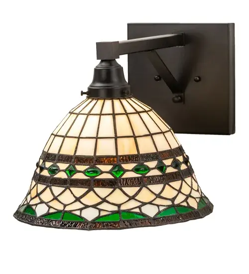Emerald-colored jewels and multi-colored granite glass accent this handsome Amber Beige scalloped art glass reproduction of a famous Louis Comfort Tiffany design. This Tiffany Roman shade is inspired by Italian art and architecture. Handcrafted of authentic stained glass using the famous Meyda Tiffany copperfoil construction method. The wall fixture hardware is Made To Order and finished in a Textured Black hue. Available in custom sizes; finishes; and styles. Dimmable energy efficient lamping options are offered. UL and cUL listed for dry and damp locations. - alternate view
