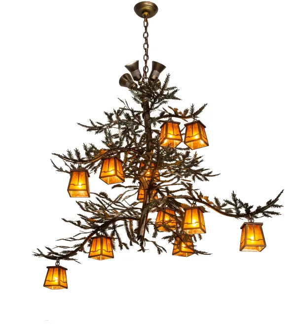 Inviting like the sweet fragrance of natural pine. This magnificent creation towers towards cathedral heights and bends in the bark to kiss sunlit sky with Green handpainted needle-laden boughs dancing in the summer wind. An Antique Copper finished bark base with roots extends down to the earth below. 12 Mission styled Amber Mica lanterns drape the arms while 4 uplights project illumination on the ceiling. Multiple circuits offer optional lighting moods and ambiance. The overall height ranges from 49.5 to 165.5 inches as the chain length can be easily adjusted in the field to accommodate your specific application needs. Handcrafted in our 180,000 square foot manufacturing facility in Yorkville, NY. Custom options. UL and cUL listed. Collection: Pine Branch Finish: Antique Copper/Green Branches Glass: Amber Mica Width: 52.00" Height: 49.50" Length: 52.00" Weight: 48.00 lb Number of Bulbs: 12 Maximum Wattage: 5.00 W Bulb Type: G-9 Bulb Base: G9 Light Source: LED Material: Steel Country of Origin: USA Safety Listing: Damp Safety Rating: Damp LED