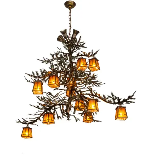 Inviting like the sweet fragrance of natural pine. This magnificent creation towers towards cathedral heights and bends in the bark to kiss sunlit sky with Green handpainted needle-laden boughs dancing in the summer wind. An Antique Copper finished bark base with roots extends down to the earth below. 12 Mission styled Amber Mica lanterns drape the arms while 4 uplights project illumination on the ceiling. Multiple circuits offer optional lighting moods and ambiance. The overall height ranges from 49.5 to 165.5 inches as the chain length can be easily adjusted in the field to accommodate your specific application needs. Handcrafted in our 180,000 square foot manufacturing facility in Yorkville, NY. Custom options. UL and cUL listed. Collection: Pine Branch Finish: Antique Copper/Green Branches Glass: Amber Mica Width: 52.00" Height: 49.50" Length: 52.00" Weight: 48.00 lb Number of Bulbs: 12 Maximum Wattage: 5.00 W Bulb Type: G-9 Bulb Base: G9 Light Source: LED Material: Steel Country of Origin: USA Safety Listing: Damp Safety Rating: Damp LED - alternate view