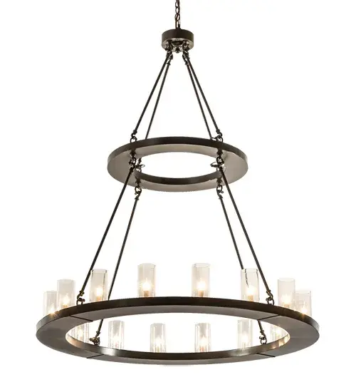 A ceiling fixture with a luxurious distinction and grand elegance. The Loxley Chandelier is custom crafted with 16 Clear Seeded Glass Cylindres on the lower decorative ring. The frame and hardware are hand finished in Timeless Bronze. Ideal for illuminating dining areas; conference tables; lobbies and other residential; hospitality and commercial spaces. Handcrafted by expert artisans in our 180;000 square foot manufacturing facility in Yorkville; NY. Custom finishes; styles and sizes are available. Dimmable energy efficient lamping options are offered. The chandelier is UL and cUL listed for dry and damp locations. - alternate view