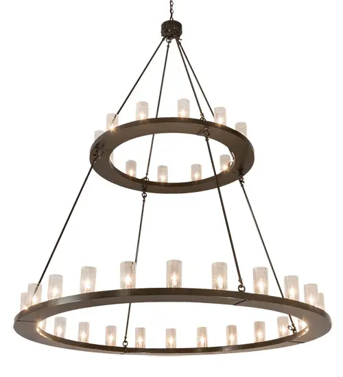 Blending an elegant style with a classic distinguished look. Loxley is custom crafted with 36 Clear Seeded Glass Cylindres on two tiers. This grandiose chandelier is featured in a Timeless Bronze finish. Ideal for illuminating dining areas, conference tables, lobbies and other residential, hospitality and commercial spaces. The overall height ranges from 93 to 285 inches as the chain length can be easily adjusted in the field to accommodate your specific lighting needs. Handcrafted by highly skilled artisans in our 180,000 square foot manufacturing facility in Yorkville, New York. Diffuser colors, metal finishes and fixture sizes can be customized to your needs. UL and cUL listed for dry and damp locations. Collection: Loxley Finish: Timeless Bronze Glass: Clear Seeded Glass Width: 72.00" Height: 93.00" Length: 72.00" Weight: 131.00 lb Number of Bulbs: 36 Maximum Wattage: 60.00 W Bulb Type: B11 Bulb Base: E12 Light Source: LED Material: Steel Country of Origin: USA Safety Listing: Damp Safety Rating: Damp LED - alternate view