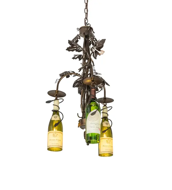 Capture the life of the party with authentic wine bottle lighting. The chandelier does so much more than deliver light; it adds personality and pizazz to any interior. This fixture features 3 customer supplied wine bottles featuring their own individual brand labels. The Green and Amber bottles are complemented with metal grapes; leaves and vine accents in a Dark Burnished Antique Copper finish. The overall height ranges from 32.5 to 68 inches as the chain length can be easily adjusted in the field to accommodate your specific lighting application needs. Handmade in our 180;000 square foot manufacturing facility in Yorkville; New York. This item was crafted using the customer's favorite brand of wine. Send us bottles of your favorite wine and we will create the lighting of your dreams.