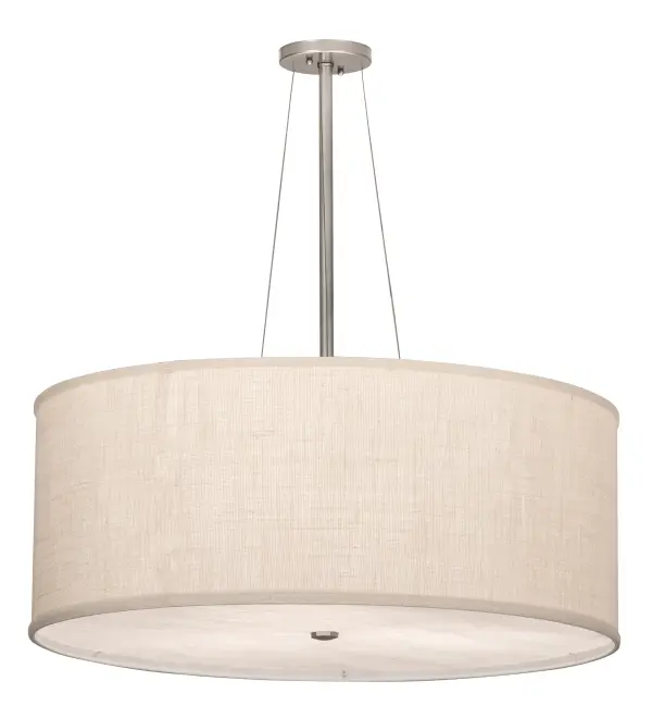 Designed with a curved profile and a clean architectural look. This appealing and versatile ceiling pendant reveals a sophisticated aesthetic. The Cilindro features an Eggshell Textrene shade enhanced with an Angelwing Idalight bottom diffuser. The hardware is featured in Nickel and White powder coated finishes. Custom crafted by highly skilled artisans in our 180,000 square foot manufacturing facility in Yorkville, New York. Custom sizes, finishes and diffuser colors available. UL and cUL listed for dry and damp locations however we do not recommend installing it in spaces that experience a large amount of moisture due to the fabric shade. Collection: Cilindro Finish: Nickel Glass: Eggshell Textrene And Angelwing Idalight Width: 30.00" Height: 30.00" Length: 30.00" Weight: 9.50 lb Extension from Wall: 12.00" Number of Bulbs: 3 Maximum Wattage: 12.00 W Bulb Type: A19 Bulb Base: E26 Light Source: LED Material: Steel Country of Origin: USA Safety Listing: Dry Safety Rating: Damp LED