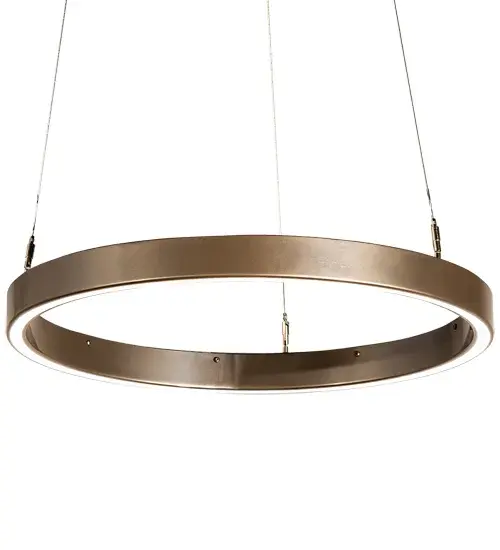 Anillo is a modern sophisticated pendant. This unique element creates a spectral halo of light for a stunning visual effect and breathtaking drama. This Bronze Metallic finished ring reveals a Statuario Idalight diffuser. Integral LEDs deliver beautiful illumination, energy savings and long life. The overall height of this pendant ranges from 10 to 80 inches as the spacecraft cable length can be easily adjusted in the field to accommodate your specific lighting application needs. The fixture is custom crafted in our 180,000 square foot manufacturing facility in Yorkville, NY. Custom sizes and finishes are available. UL and cUL listed for dry and damp locations. Collection: Anillo Finish: Bronze Metallic Glass: Statuario Idalight Width: 24.00" Height: 10.00" Length: 24.00" Weight: 8.50 lb Number of Bulbs: 1 Maximum Wattage: 11.00 W Bulb Type: STRIP Bulb Base: INTEGRAL Light Source: LED Color Temperature: 3000 K Material: Steel Country of Origin: USA Safety Listing: Damp Safety Rating: Damp LED - alternate view
