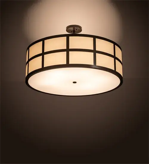 Inspired by a rotating 5-star restaurant perched atop a luxurious city hotel. This ceiling fixture features geometric gridwork accents that are similar to curved windows with panoramic views of surrounding vistas. Cilindro Barnabas reveals a stunning shade with Beige Textrene wrapped on Crystal Idalight and enhanced with a Statuario Idalight bottom diffuser. The hardware is featured in a warm Timeless Bronze finish. Handcrafted in our 180;000 manufacturing facility in Yorkville; New York. Available in custom colors; styles and sizes. Dimmable energy efficient lamping options. UL and cUL listed for dry and damp locations however we do not recommend installing it in spaces that experience a large amount of moisture due to the fabric shade.