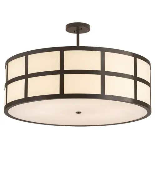 Inspired by a rotating 5-star restaurant perched atop a luxurious city hotel. This ceiling fixture features geometric gridwork accents that are similar to curved windows with panoramic views of surrounding vistas. Cilindro Barnabas reveals a stunning shade with Beige Textrene wrapped on Crystal Idalight and enhanced with a Statuario Idalight bottom diffuser. The hardware is featured in a warm Timeless Bronze finish. Handcrafted in our 180;000 manufacturing facility in Yorkville; New York. Available in custom colors; styles and sizes. Dimmable energy efficient lamping options. UL and cUL listed for dry and damp locations however we do not recommend installing it in spaces that experience a large amount of moisture due to the fabric shade. - alternate view