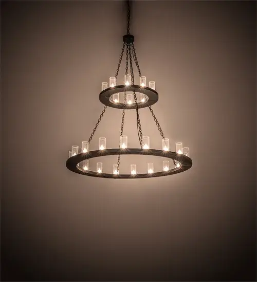 Blending an elegant style with a classic distinguished look. Loxley is custom crafted with 28 Clear Seeded Glass Cylindres on two tiers. This grandiose chandelier is featured in a Smoke finish. Ideal for illuminating dining areas, conference tables, lobbies and other residential, hospitality and commercial spaces. The overall height ranges from 77 to 113 inches as the chain length can be easily adjusted in the field to accommodate your specific lighting needs. Handcrafted by highly skilled artisans in our 180,000 square foot manufacturing facility in Yorkville, New York. Diffuser colors, metal finishes and fixture sizes can be customized to your needs. UL and cUL listed for dry and damp locations. Collection: Loxley Finish: Smoke Glass: Clear Seeded Glass Clear Seeded Glass Width: 60.00" Height: 77.00" Length: 60.00" Weight: 103.00 lb Number of Bulbs: 18 Maximum Wattage: 40.00 W Bulb Type: B11 Bulb Base: E26 Material: Steel Country of Origin: USA Safety Listing: Damp Safety Rating: Damp