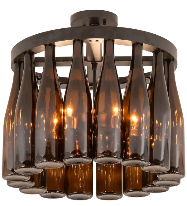 Capture the life of any party with authentic wine bottle lighting. Our Custom Wine Bottle fixture is so much fun that you may want to hang from this chandelier -- but don't. This delightful fixture does so much more than deliver light; it adds personality and pizzazz to any interior. Perfect for homes; restaurants; hotels; pubs; nightclubs; wineries; and retailers. Custom crafted with a total of 16 authentic Amber glass wine bottles attached to sturdy hardware featured in a Textured Black finish. 5 Customer supplied E12 base lamps deliver beautiful ambient illumination. Handmade by highly skilled artisans in our 180;000 square foot manufacturing facility in Yorkville; New York. UL and cUL listed for dry and damp locations.