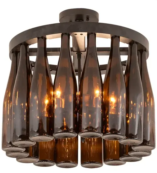 Capture the life of any party with authentic wine bottle lighting. Our Custom Wine Bottle fixture is so much fun that you may want to hang from this chandelier -- but don't. This delightful fixture does so much more than deliver light; it adds personality and pizzazz to any interior. Perfect for homes; restaurants; hotels; pubs; nightclubs; wineries; and retailers. Custom crafted with a total of 16 authentic Amber glass wine bottles attached to sturdy hardware featured in a Textured Black finish. 5 Customer supplied E12 base lamps deliver beautiful ambient illumination. Handmade by highly skilled artisans in our 180;000 square foot manufacturing facility in Yorkville; New York. UL and cUL listed for dry and damp locations. - alternate view