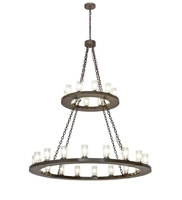 Blending an elegant style with a classic distinguished look, Loxley is custom crafted with 28 Clear Seeded Glass Cylindres on two tiers. The grandiose chandelier is featured in a Timeless Bronze finish. The diffusers lluminate with Integral LEDs or specialty lamping bases that are Compliant with California Title 24 regulations. Ideal for illuminating dining areas, conference tables, lobbies and other residential, hospitality and commercial spaces. The overall height ranges from 77 to 257 inches as the chain length can be easily adjusted in the field to accommodate your specific lighting needs. Handcrafted by highly skilled artisans in our 180,000 square foot manufacturing facility in Yorkville, New York. Diffuser colors, metal finishes and fixture sizes can be customized to your needs. UL and cUL listed for dry and damp locations. Collection: Loxley Finish: Timeless Bronze Glass: Clear Seeded Glass Width: 60.00" Height: 77.00" Length: 60.00" Weight: 111.00 lb Number of Bulbs: 28 Maximum Wattage: 26.00 W Bulb Type: T2 Bulb Base: GU24 Light Source: CFL Material: Steel Country of Origin: USA Safety Listing: Damp Safety Rating: Damp LED