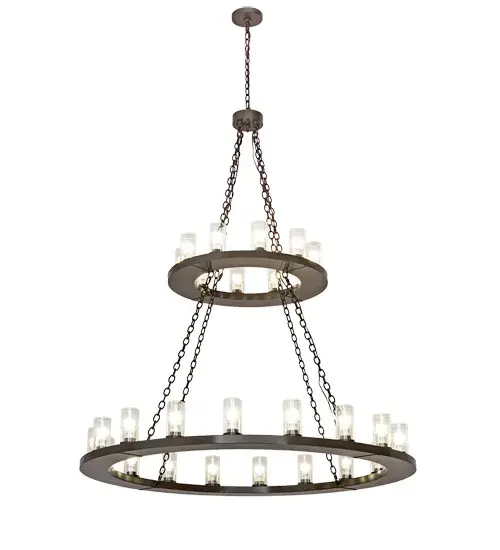 Blending an elegant style with a classic distinguished look, Loxley is custom crafted with 28 Clear Seeded Glass Cylindres on two tiers. The grandiose chandelier is featured in a Timeless Bronze finish. The diffusers lluminate with Integral LEDs or specialty lamping bases that are Compliant with California Title 24 regulations. Ideal for illuminating dining areas, conference tables, lobbies and other residential, hospitality and commercial spaces. The overall height ranges from 77 to 257 inches as the chain length can be easily adjusted in the field to accommodate your specific lighting needs. Handcrafted by highly skilled artisans in our 180,000 square foot manufacturing facility in Yorkville, New York. Diffuser colors, metal finishes and fixture sizes can be customized to your needs. UL and cUL listed for dry and damp locations. Collection: Loxley Finish: Timeless Bronze Glass: Clear Seeded Glass Width: 60.00" Height: 77.00" Length: 60.00" Weight: 111.00 lb Number of Bulbs: 28 Maximum Wattage: 26.00 W Bulb Type: T2 Bulb Base: GU24 Light Source: CFL Material: Steel Country of Origin: USA Safety Listing: Damp Safety Rating: Damp LED - alternate view