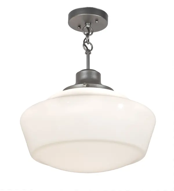 The Revival Schoolhouse glass reflects an authentic classic design. A perfectly formed shade is handcrafted of White Opal Schoolhouse Glass with rich artisanship and style. Originally used in private residences; schools; galleries and libraries; this Schoolhouse electrical reproduction pendant will illuminate a broad range of interiors today. The pendant is enhanced with a Pewter finish. Diffuser colors; metal finishes and fixture sizes can be customized to your needs. UL and cUL listed for dry and damp locations.