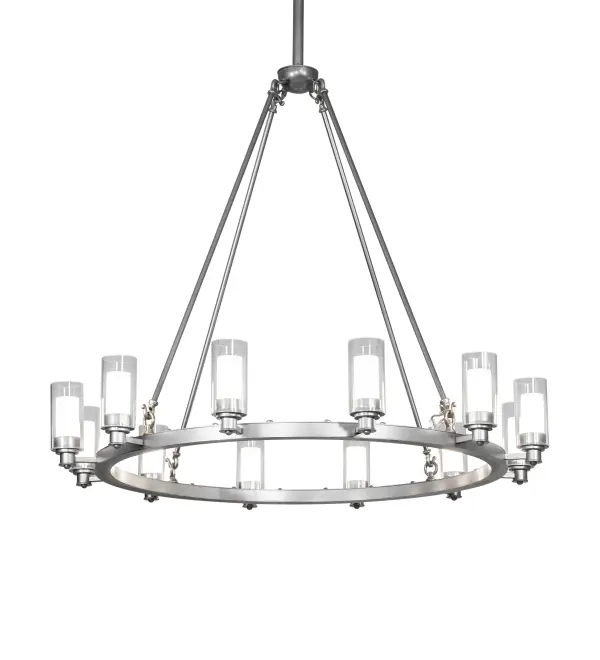 Add a modern look to an old world chandelier of yore. Loxley is custom crafted with 12 Cylindres featuring Crystal Idalight on the outer shade and Contrail Mist Idalight on the inner shade. The decorative ring is hand finished in Sparkle Silver. Handmade in our 180;000 square foot manufacturing facility in Yorkville; New York. Diffuser colors; metal finishes and chandelier sizes can be customized to your specifications. UL and cUL listed for dry and damp locations.