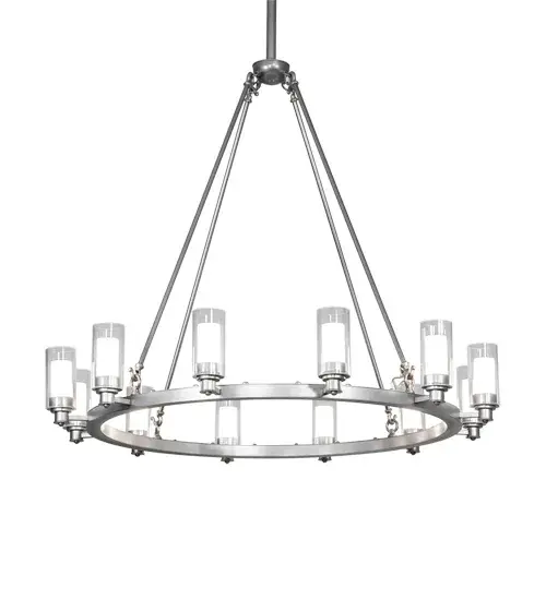 Add a modern look to an old world chandelier of yore. Loxley is custom crafted with 12 Cylindres featuring Crystal Idalight on the outer shade and Contrail Mist Idalight on the inner shade. The decorative ring is hand finished in Sparkle Silver. Handmade in our 180;000 square foot manufacturing facility in Yorkville; New York. Diffuser colors; metal finishes and chandelier sizes can be customized to your specifications. UL and cUL listed for dry and damp locations. - alternate view