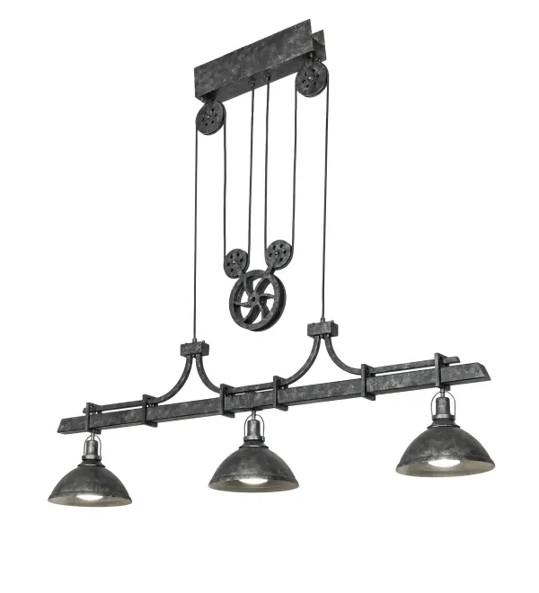 Melrose Bartlett features a dramatic 5-wheel pulley system that enhances the aesthetics of this unique three light pendant. This pendant features a cool industrial look in Smoke and Natural Iron finishes. Ideal for illuminating tables; counters and islands in residential; hospitality and other settings. Custom crafted in our 180;000 square foot manufacturing facility in Yorkville; NY. Fixture sizes; shade colors and materials; and metal finishes can be customized to your needs. UL and cUL listed for dry and damp locations.