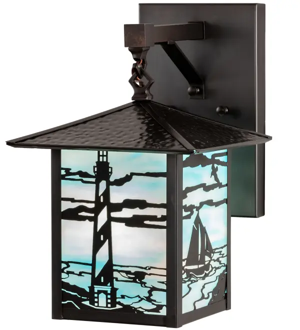 Sailing enthusiasts will enjoy this wall sconce which features a Lighthouse and Sailboat at sea. The Sky Blue art glass lens is complemented with Brass accents and hardware in a Craftsman Brown finish. Brass Construction creates this Craftsman Signature fixture as a perfect lighting solution for both indoor and outdoor applications; including coastal areas. Handcrafted in our 180;000 square foot manufacturing facility in Yorkville; NY at the foothills of the Adirondack Mountain lake country. Custom sizes; styles and colors available. The Seneca sconce is UL and cUL listed for dry; damp and wet locations.