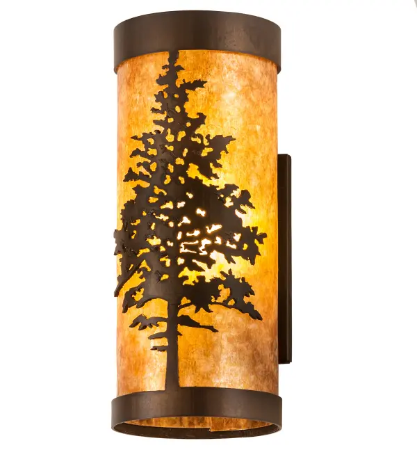 A majestic Tamarack tree is highlighted as the brilliant sun shines in the late morning sky. The cylindrical-shaped Amber Mica diffuser complements decorative accents, frame, and hardware featured in an Antique Copper finish. This lighting design is inspired by the Tamarack forests of North America, from New York's Adirondack Mountains, to California's White Mountains to the Yukon River Basin in Alaska. This wall sconce is ideal for illuminating hallways and living areas in camps, lodges, and other spaces. The Tamarack Wall Sconce is included in our American-made, American-designed, handcrafted Nature Inspired Collection and manufactured in Yorkville, New York. UL and cUL listed for dry and damp locations. Collection: Tamarack Finish: Antique Copper Glass: Amber Mica Width: 5.00" Height: 12.25" Length: 5.50" Weight: 3.00 lb Extension from Wall: 5.50" Number of Bulbs: 1 Maximum Wattage: 60.00 W Bulb Type: T10 Bulb Base: E26 Light Source: CFL Material: Steel Country of Origin: USA Safety Listing: Damp Safety Rating: Damp