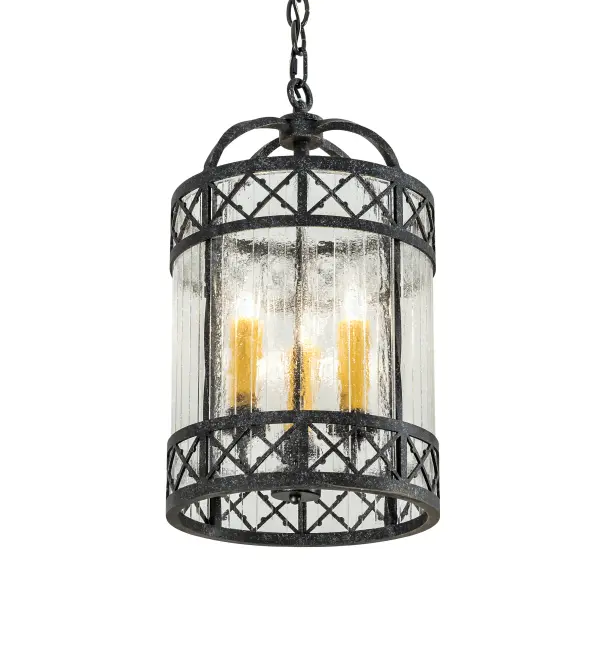 An exquisite pendant for a variety of settings; Antencio achieves a new level of quality and attention to detail with intricate saltire styling and decorative accents in a Gunmetal finish. Clear Seeded glass reveals three Ivory faux candlelights inside. The overall height ranges from 24 to 71 inches as the chain length can be easily adjusted in the field to accommodate your specific lighting application needs. Handcrafted in our 180;000 square foot manufacturing facility in Yorkville; New York. Fixture designs; metal finishes and pendant sizes can be customized to meet your needs. UL and cUL listed for dry and damp locations.