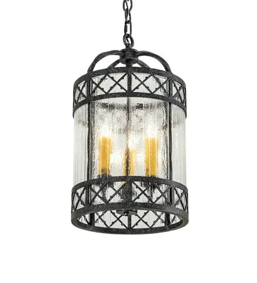 An exquisite pendant for a variety of settings; Antencio achieves a new level of quality and attention to detail with intricate saltire styling and decorative accents in a Gunmetal finish. Clear Seeded glass reveals three Ivory faux candlelights inside. The overall height ranges from 24 to 71 inches as the chain length can be easily adjusted in the field to accommodate your specific lighting application needs. Handcrafted in our 180;000 square foot manufacturing facility in Yorkville; New York. Fixture designs; metal finishes and pendant sizes can be customized to meet your needs. UL and cUL listed for dry and damp locations. - alternate view