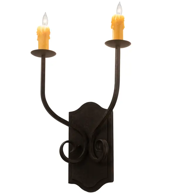 Enjoy the rich, time-honored look of Samuel, an exquisite wall sconce that reveals classic styling and superior handcrafted construction. The shapely fixture features two Ivory faux candlelights, which are complemented with Hand-Forged Scrolled Iron arms, frame, and hardware offered in a Coffee Bean finish. The elegant fixture is ideal for illuminating hallways and dining areas in homes and restaurants from Montpelier, Vermont, to Baton Rouge, Louisiana, to Salem, Oregon. The Samuel 2 Light Wall Sconce is featured in our American-made, American-designed, handmade Traditional Lighting Collection. It was manufactured in Yorkville, New York. UL and cUL listed for dry and damp locations. Collection: Samuel Finish: Coffee Bean Glass: Chocolate Width: 14.00" Height: 22.00" Length: 6.00" Weight: 5.00 lb Extension from Wall: 6.00" Number of Bulbs: 2 Maximum Wattage: 40.00 W Bulb Type: B10 Bulb Base: E12 Material: Steel Country of Origin: USA Safety Listing: Damp Safety Rating: Damp
