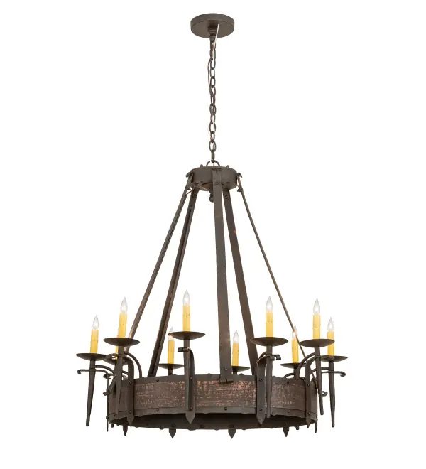 A Chestnut finished belt serves as the centerpiece of this handsome lighting fixture. 10 Ivory faux candlelights illuminate while embraced by bobeches attached to a sturdy ring. The frame and hardware are featured in a matching finish. The overall height ranges from 42 to 138 inches as the chain length can be easily adjusted in the field to accommodate your specific lighting application needs. Highly skilled artisans utilize multiple old world hand forging techniques to apply a variety of handsome metal textures for a unique look. Custom crafted in our 180;000 square foot manufacturing facility in Yorkville; NY. Special sizes; styles and colors are available. UL and cUL listed for dry and damp locations.