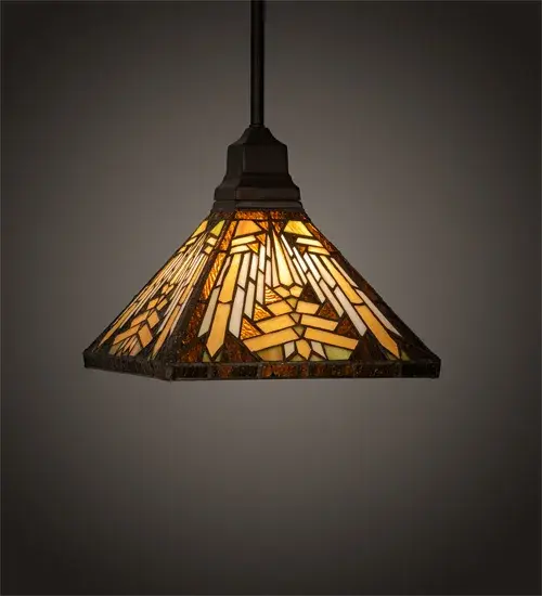 Like gazing out your window across the warm desert at sunset; interlocking tiles of Sand tone Beige glows behind the sun glistened Orange; Amber Green and Brown rays. All this is surrounded by a Root Brown border. The stunning shade is created using the famous Meyda Tiffany copperfoil construction method and enhanced with a warm Craftsman Brown finish. The overall height can be adjusted in our factory to accommodate your specific lighting application needs. UL and cUL listed for dry and damp locations.