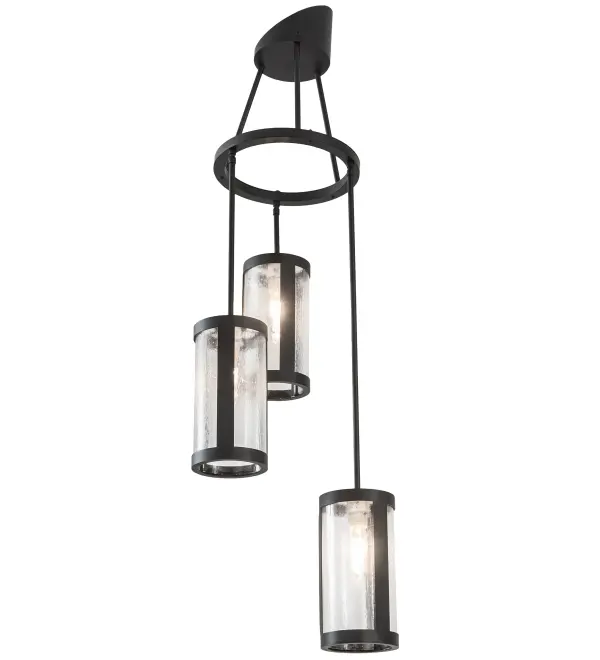 Cartier features a 3-light cascading chandelier that renders a stunning; eye-catching look. 3 Clear Seeded shades are aligned in a staggered formation; suspended from a sturdy ring while providing ambient light at various levels. All hardware is featured in a Solar Black finish while a soft glow evokes stunning decorative Cylindres. This fixture features a specially designed canopy that accommodates a vaulted ceiling. Please specify the ceiling pitch so we may accommodate your Made to Order fixture. Ideal for lobbies; foyers; ballrooms; and large spaces. Handcrafted in our 180;000-square-foot manufacturing facility in Yorkville; New York. Custom options include special sizes; styles; and finishes. UL and cUL listed for dry and damp locations.