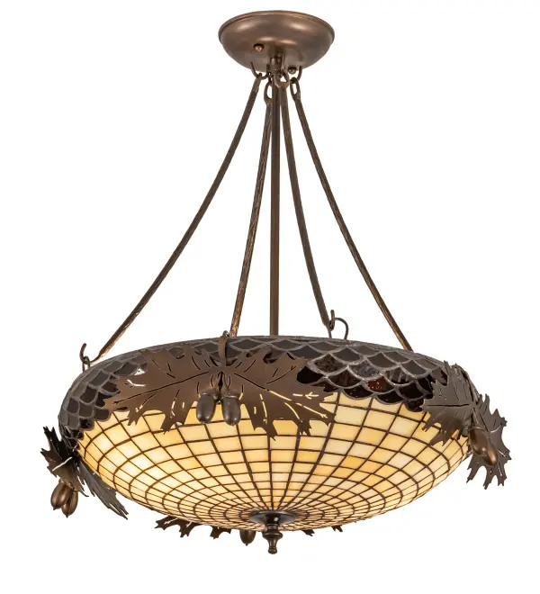 Invite the splendor of Mother Nature in all of its natural beauty. The Beige Art Glass shade is crowned with Bark Brown Granite Glass featured on this exquisite; intricate shade. Hundreds of pieces of art glass are individually hand cut and hand set by hand using the famous Meyda Tiffany copperfoil process. The shade is complemented with Oak Leaf and Acorn metal accents and hardware that are featured in an Antique Copper finish. The Oak Leaf & Acorn Semi-Flushmount is featured in our American made; American designed; handcrafted Nature Inspired Lighting Collection. Manufactured in Yorkville; New York. UL and cUL listed for dry and damp locations.