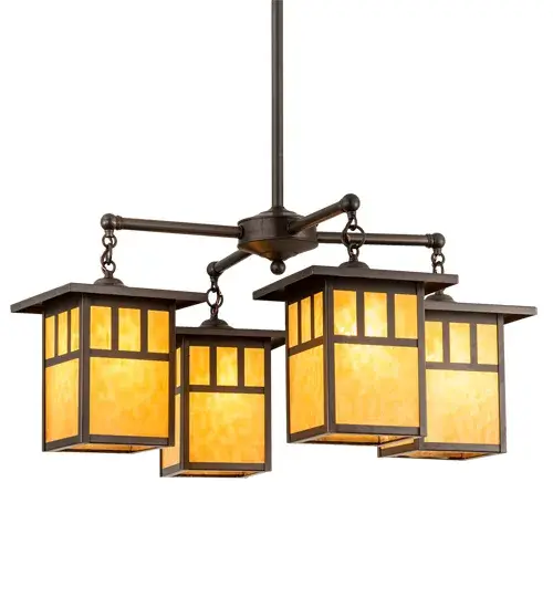 A Mission styled pendant designed for stunning indoor lighting applications. This handsome Craftsman Signature fixture features four Beige Art Glass lantern shades with Double Bar Mission styled designs. The Solid Brass chandelier is complemented with hardware in a Craftsman Brown finish. The Hyde Park Double Bar Mission Chandelier is featured in our American designed; handmade Craftsman Signature Series. Manufactured in Yorkville; New York. UL and cUL listed for dry and damp locations. - alternate view