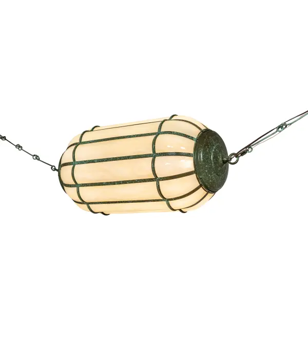 This barrel shaped pendant features an eye-catching visual element with timeless appeal. A curved Botticino Idalight diffuser is embraced by two chains that provide a unique mounting solution. The fixture features a Tarnished Copper finish. The overall height ranges from 17 to 88 inches as the chain length can be easily adjusted in the field to accommodate your specific lighting application needs. The chain and wire can be placed at different angles to create various configurations and achieve your desired look. Custom lengths of chain can be ordered to meet your exact specs. UL and cUL listed for dry and damp locations.
