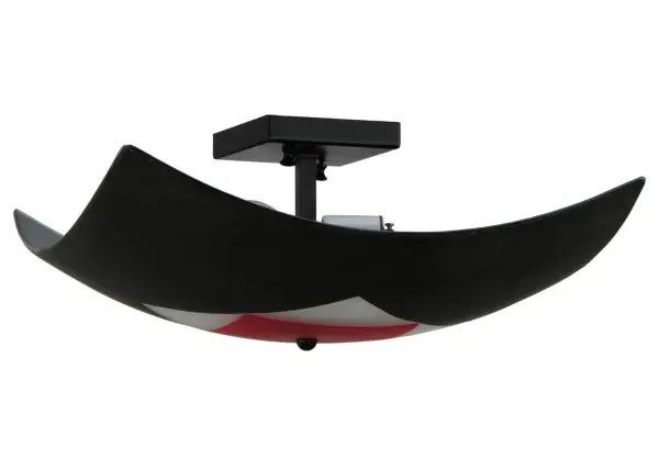 Every Meyda Tiffany item is a unique handcrafted work of art. Natural variations in the wide array of materials that we use to create each Meyda product make every item a masterpiece of its own. Photographs are a general representation of the product. Colors and designs will vary. Collection: Tucano Finish: Black Metal Glass: Black/Clear/Red Black Powder Coat Width: 20.00" Height: 6.50" Length: 14.75" Weight: 7.00 lb Extension from Wall: 9.00" Number of Bulbs: 2 Maximum Wattage: 60.00 W Bulb Type: A19 Bulb Base: E26 Material: Metal Or Polyresin Country of Origin: USA Safety Listing: Damp Safety Rating: Damp