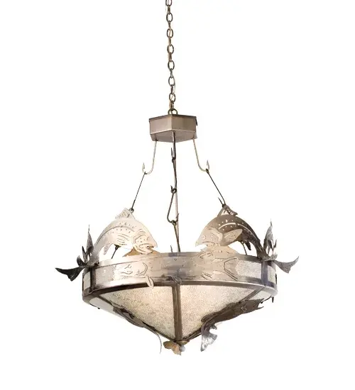 Trout Bass and Pike are the Catch of the Day on this inverted pendant handcrafted in the USA by Meyda artisans. This original fixture is suspended from fishhook chains; and is finished in Steel.