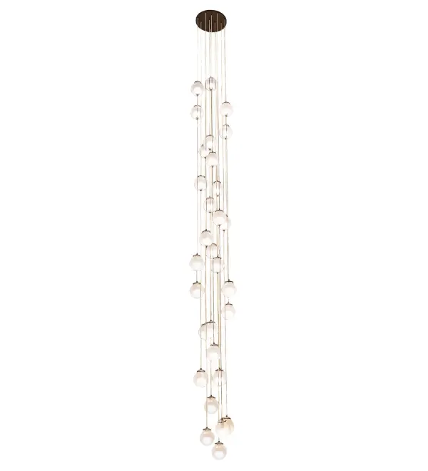 An eye-catching piece that invites visitors into your home. This pendant features 30 Sparkle Glass Orbs with a hint of Raspberry that cascade more than 23 feet from the ceiling. Each spherical diffuser is suspended at a different level from the canopy for a dramatic design statement. The fixture is enhanced with a Special Mahogany Bronze finish. Ideal for illuminating spiral staircases and other spaces in residential; hospitality and commercial settings. Handcrafted by master artisans in our 180;000 square foot manufacturing facility in Yorkville; New York. Diffuser colors; metal finishes and fixture sizes can be customized to meet your needs. UL and cUL listed for damp and dry locations.