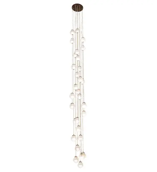 An eye-catching piece that invites visitors into your home. This pendant features 30 Sparkle Glass Orbs with a hint of Raspberry that cascade more than 23 feet from the ceiling. Each spherical diffuser is suspended at a different level from the canopy for a dramatic design statement. The fixture is enhanced with a Special Mahogany Bronze finish. Ideal for illuminating spiral staircases and other spaces in residential; hospitality and commercial settings. Handcrafted by master artisans in our 180;000 square foot manufacturing facility in Yorkville; New York. Diffuser colors; metal finishes and fixture sizes can be customized to meet your needs. UL and cUL listed for damp and dry locations. - alternate view