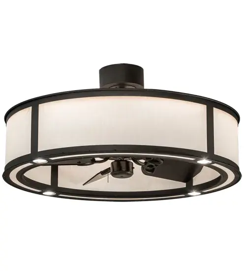 A modern marvel that enhances residential and commercial settings. This custom fan-integrated lighting fixture features stunning Eggshell Textrene with a matching bottom diffuser, complemented with an Old Wrought Iron finish. The Chandel-Air features multiple layers of light for different moods and tasks, including Integral LED inner lights that provide a handsome decorative effect and beautiful ambient lighting, while 4 downlights offer task illumination on surfaces below. In summer, the fan pushes down a windchill that circulates to keep the space cool and comfortable. In winter, the fan is reversed to pull the room air towards the ceiling and force the warm air back into your space. The Smythe Craftsman Chandel-Air is included in our American-made, American-designed handcrafted Chandel-Air Collection. Manufactured in Yorkville, NY. UL & cUL listed for dry and damp locations Collection: Smythe Craftsman Finish: Old Wrought Iron Glass: Eggshell Textrene Width: 36.50" Height: 18.00" Length: 36.50" Weight: 58.00 lb Number of Bulbs: 8 Maximum Wattage: 28.00 W Bulb Type: STRIP Bulb Base: INTEGRAL Light Source: LED Material: Steel Country of Origin: USA Safety Listing: Dry Safety Rating: Dry LED - alternate view