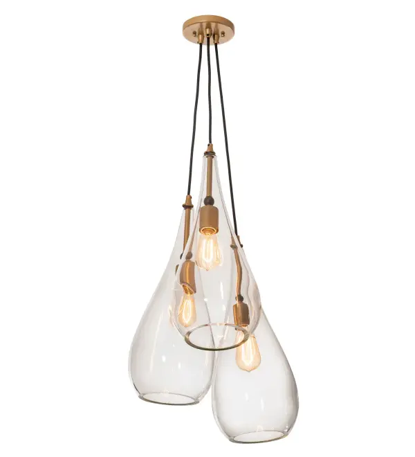 Three Clear Blown-Glass shades featured in Pear styled profiles. The gracefully formed shades reveal Edison styled lamps and are complemented with Champagne Metallic finished hardware. The overall height of this pendant ranges from 29 to 94 inches as the chain length can be easily adjusted in the field to accommodate your specific lighting application needs. Handcrafted in our 180,000 square foot manufacturing facility in Yorkville, New York. Custom finishes and sizes available to meet your needs. UL and cUL listed for dry and damp locations. Collection: Madari Finish: Champagne Metallic Glass: Clear Glass Width: 18.00" Height: 29.00" Length: 18.00" Weight: 19.00 lb Number of Bulbs: 3 Maximum Wattage: 7.00 W Bulb Type: A19 Bulb Base: E26 Light Source: LED Material: Steel Country of Origin: USA Safety Listing: Damp Safety Rating: Damp LED