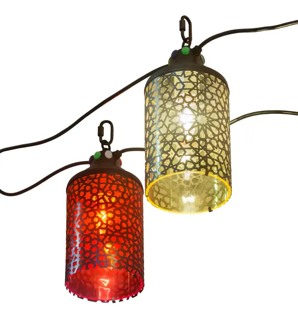 A stunning combination of 9 different Festoon Lights. These highly customizable festoon designs are featured in Canary Yellow; Golden Amber; and Red Idalight. The hardware is featured in Craftsman Brown with Brass Filigree accents. The grouping includes a total length of 60' (720 inches) of wire that can be organized in a continuous line or any configuration; or create your own strand of design/color combinations in a length and number of lanterns to accommodate your specific lighting application needs. Handcrafted in our 180;000 square foot manufacturing facility in Yorkville; New York. UL and cUL listed for damp and dry locations.