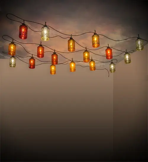 A stunning combination of 9 different Festoon Lights. These highly customizable festoon designs are featured in Canary Yellow; Golden Amber; and Red Idalight. The hardware is featured in Craftsman Brown with Brass Filigree accents. The grouping includes a total length of 60' (720 inches) of wire that can be organized in a continuous line or any configuration; or create your own strand of design/color combinations in a length and number of lanterns to accommodate your specific lighting application needs. Handcrafted in our 180;000 square foot manufacturing facility in Yorkville; New York. UL and cUL listed for damp and dry locations. - alternate view